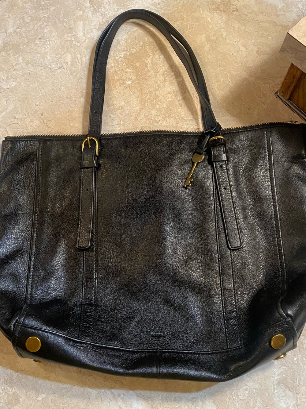 Fossil Black Leather Tote with Gold Accents and Key Charm